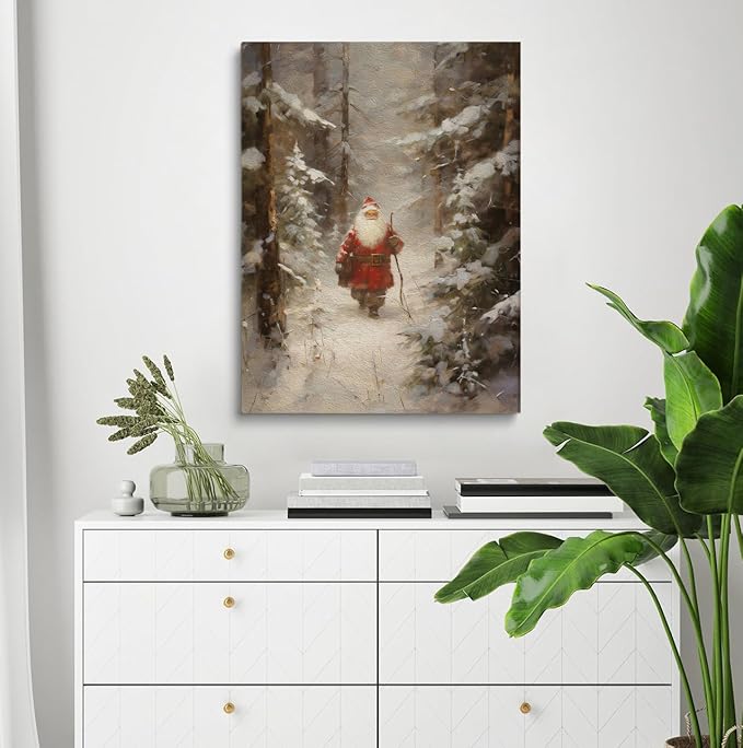 Christmas Country Painting,Vintage Santa Oil Painting, Snow Farmhouse Scene Print,Vintage Santa Poster,Christmas Wall Art, Christmas Vertical Print, Christmas Home Decor12x16inch Framed Art