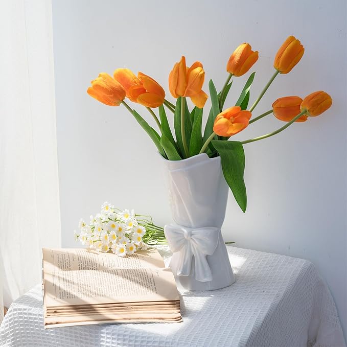 Fully Glazed White Ceramic Bow Vase 9.64 in Unique Cute Modern Decorative Bouquet Flower Vases for Home Living Room Table Christmas Decor Women Girl Gifts