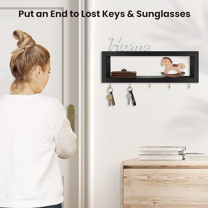 Wall Shelf with Hooks - Decorative Key and Wallet Holder for Wall Holds Sunglasses, Leashes, Scarves and Lanyards - 15.7" x 5.1" x 2.9" Entryway Organizer Made of Paulownia Wood (Black)