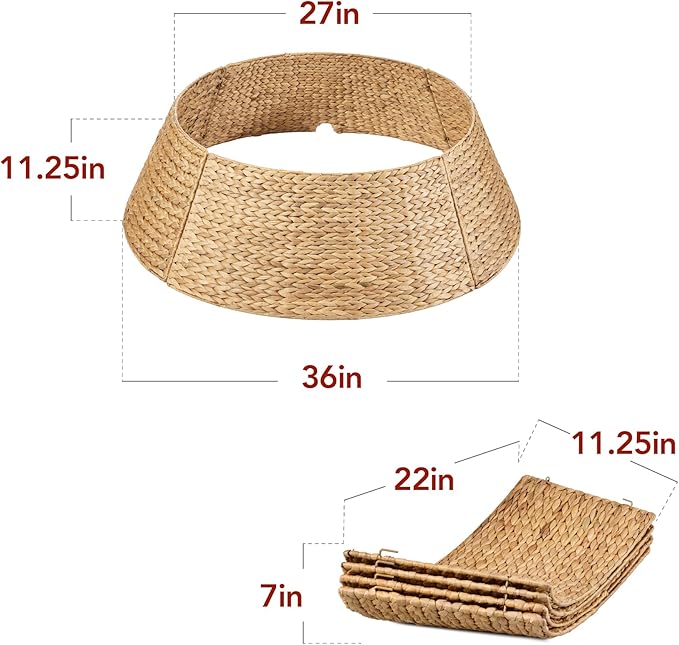 Best Choice Products 36in Christmas Tree Collar, Woven Hyacinth 3-Piece Holiday Rattan Tree Skirt Accessory for Home w/Cord Cut-Out - Natural