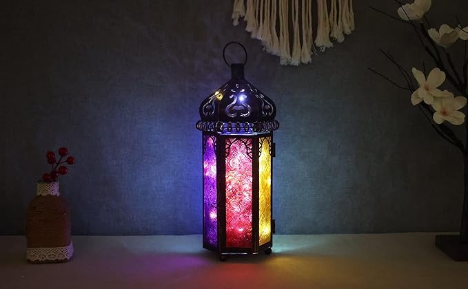 DECORKEY Ramadan Decorations, Candle Lanterns Decorative Indoor & Outdoor, 14.4'' Vintage Moroccan Hanging Lantern with 6 Colors Glass, Metal Candle Holder for Home Front Porch Patio Decor