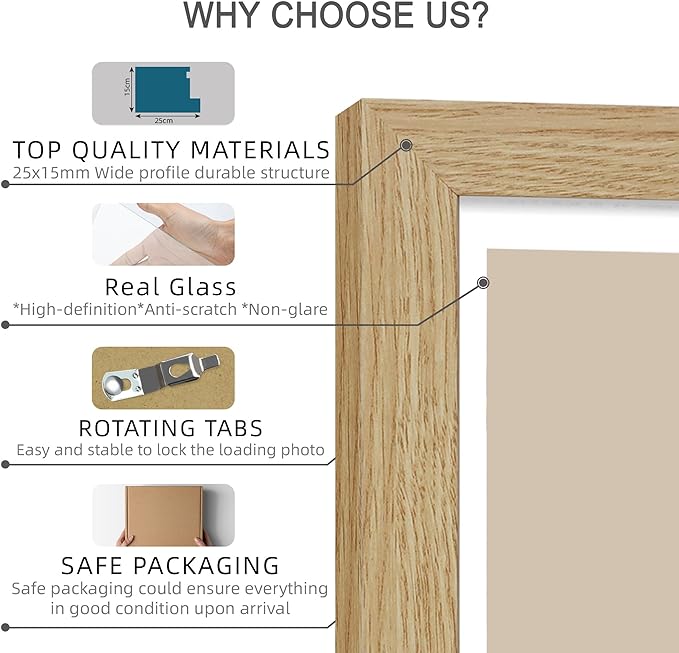 10x14 Picture Frame Set of 2, Made of Glass and Natural Oak Wooden Frame, Display 8x12 Pictures with Mat or 30 x 40cm Diamond Painting Art without Mat for Wall Mounting, Gallery Photo Frames