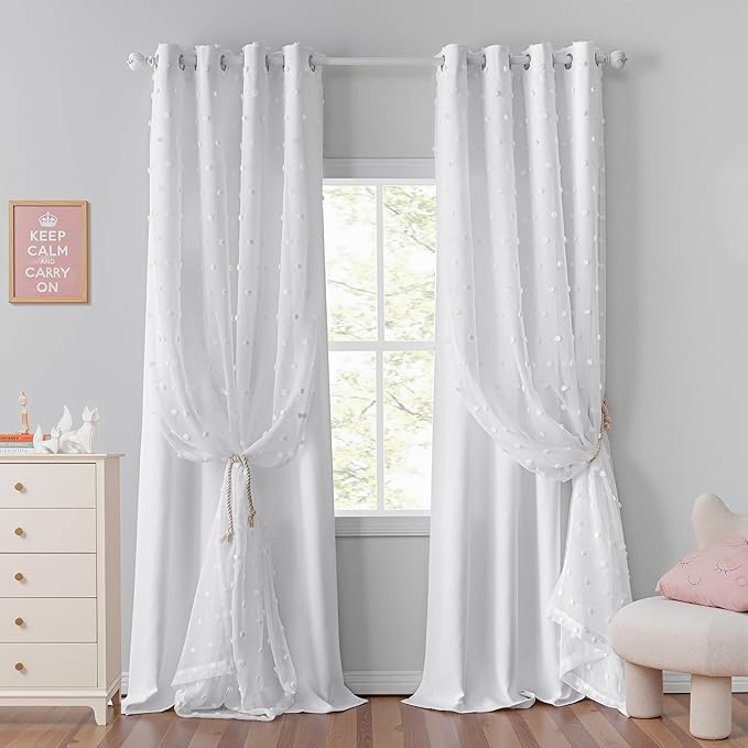 MYSKY HOME Long Curtains for Sliding Glass Door 95 Inch Length White Pom Pom Sheer Curtain Panels for Living Room Double Layer Light Filtering Window Drapes for Girls Kids, White, 52" Wide, Set of 2