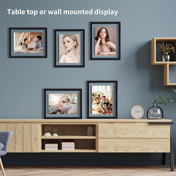 Trwcrt 5x7 Floating Picture Frames Set of 4, Double Glass Photo Frame Display up to 7 x 9 Photos for Desktop or Wall Hanging, Black