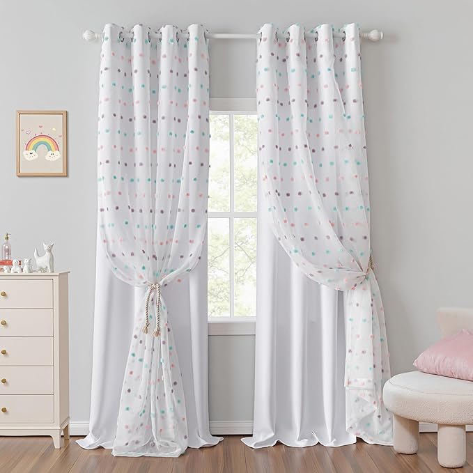 MYSKY HOME Long Curtains for Sliding Glass Door 95 Inch Length Rainbow Pom Pom Sheer Curtain Panels for Living Room Double Layer Light Filtering Window Drapes for Girls Kids, White, 52" Wide, Set of 2