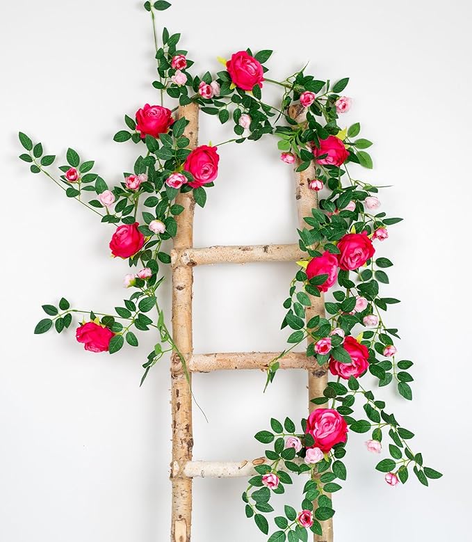 6FT Bendable Flower Garland, Artificial Rose Vine Hanging Floral Garland Decoration for Weding Home Room Wall Decor (Fuchsia, 1pcs)