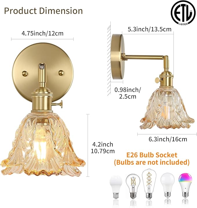Vintage Wall Sconces Set of 2, Cabbage Amber Lampshade & 180 Degree Adjustable, Brass Wall Lights, for Bedroom Living Room Hallway Aisle, Bulbs Not Included, ETL Listed