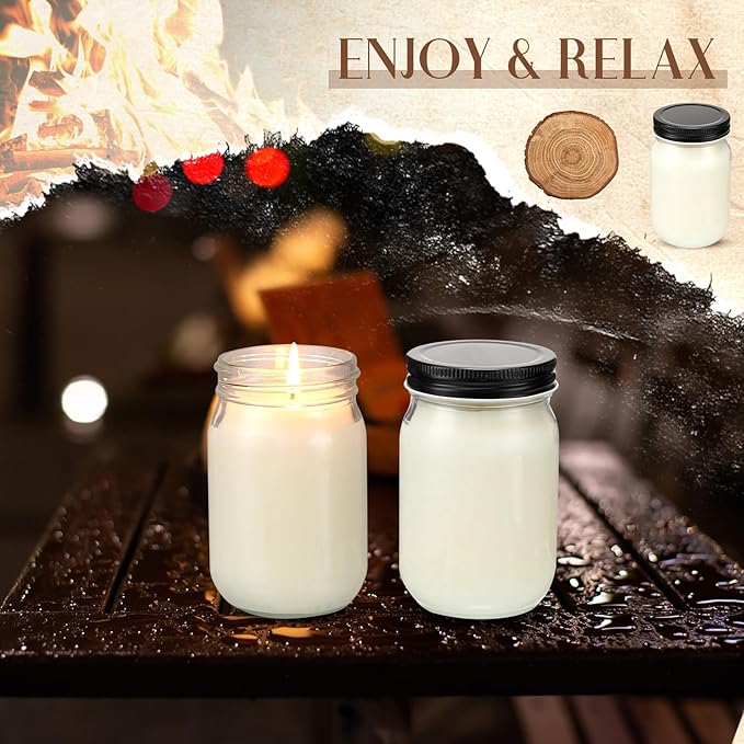 MTLEE 4 Pack 12 oz Mason Jar Soy Candle with Essential Oils Scented Soy Wax Candles for Home Valentine Christmas Wedding Birthday Gift Farmhouse Collection Baby Shower Party(Fireside Birch)