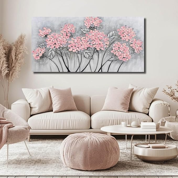 SOUGUAN Botanical Wall Art Oil Painting Pink Flower Pictures Wall Decor Large Artwork for Living Room Kitchen Home Decorations 24x48 Inch