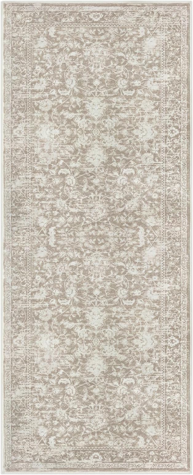 KILOCOCO Hallway Runner 3x8 Rug Runner Printed Vintage Floral Washable Kitchen Runners Non-Slip Rubber Backed Runners for Hallways Laundry Room Distressed Boho Rugs for Entryway Bedroom, Beige