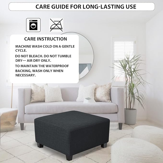 Square Ottoman Cover,Soft Stretch Jacquard Slipcover with Dual Waterproof Layers,Washable Furniture Protector for Pets,X-Large,Dark Gray