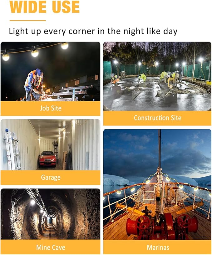 100FT Construction String Light 130W 16000Lm, 5000K Industrial Grade LED String Work lights, IP65 Waterproof Temporary Lighting for Construction Sites, Renovation, Mine Cave, Job Site, Walkways