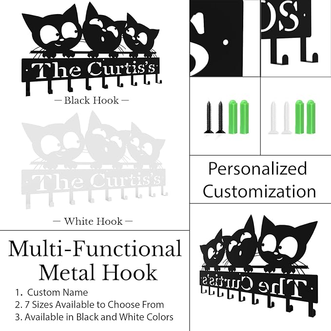 Personalized Metal Key Rack Hooks, Key Holder Wall Mounted Key Hooks, Cat Theme Wall Decoration Hooks, Key Hanger Organizer for Living Room, Entryway, Bathroom, Office Decor