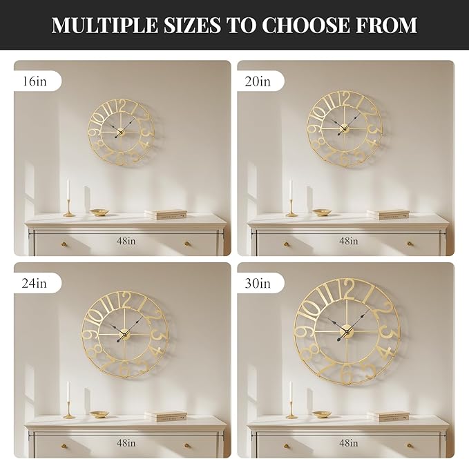 Cuspin 20 Inch Wall Clock Gold, Large Decorative Wall Clocks Battery-Operated, Modern Metal Round Clock Silent Non Ticking Arabic Numerals for Living Room Kitchen Mantel Office Decor