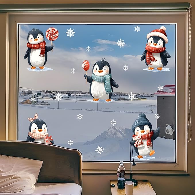 Christmas Penguin Wall Decals Stickers — Cute Winter Penguins with Scarves, Hats, Candy, and Gifts Removable Vinyl Wall Decor for Living Room, Bedroom, Office, Holiday Decoration