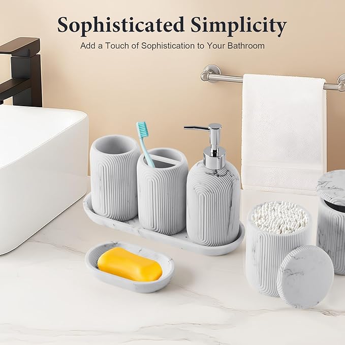 Bathroom Accessories Set - 7-Piece Resin Bathroom Set, Toothbrush Holders Set, Soap Dispenser, Qtip Holder Dispenser, Tumbler, Soap Dish & Tray, Modern Bath Decor for Home Dorm Hotel (Marble White)