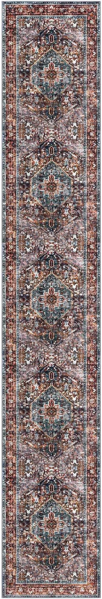 KOZYFLY Area Rug 3x14 Ft Washable Boho Runner Rug for Entryway Hallway Indoor Printed Faux Wool Carpet for Kitchen Bedroom Hall, Brick Red/Orange/Green