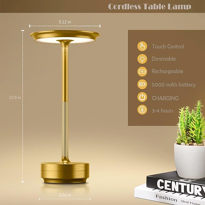 Rechargeable Cordless Table Lamps,Portable 5000mAh Table Light Touch 3 Color Stepless Dimming Battery Powered LED Table Lamp for Restaurant/Bars/Outdoor Party/Camping(Gold)