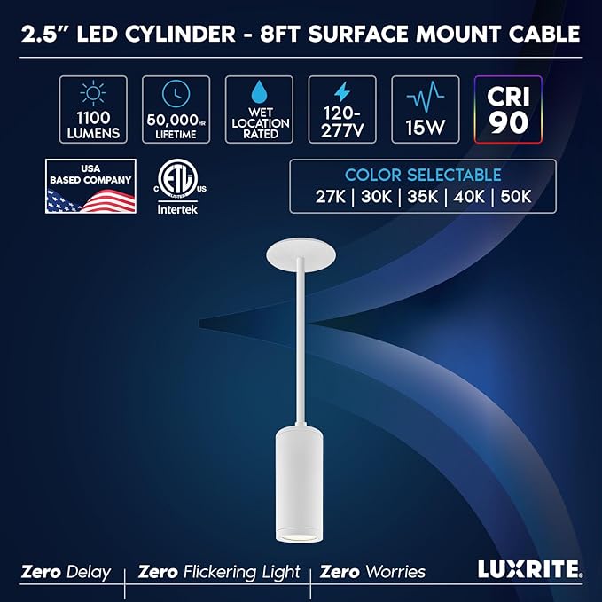 LUXRITE 2.5-Inch LED Cylinder Pendant Light with 8FT Surface Mount Cable, 5CCT 2700K-5000K Selectable, CRI90, 1100LM, 15W, TRIAC/0-10V Dimmable, Universal Voltage 120V-277V, IC Rated ETL, White Finish