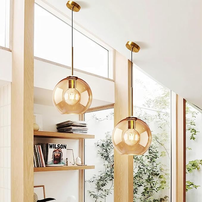 Amber Glass Pendant Lights Kitchen Island Lighting Globe Pendant Light Fixtures Modern Pendant Lighting for Kitchen Island Bedroom Living Dining Room Light Fixture(7.9in, 3-Pack)