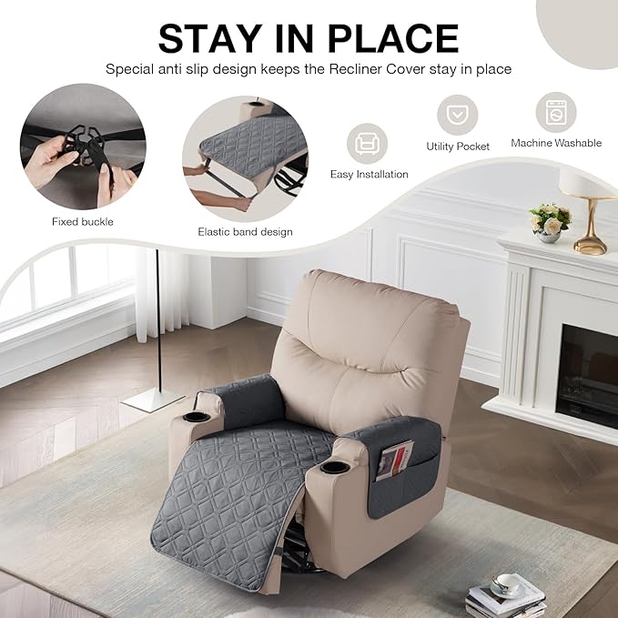 VANSOFY Recliner Chair Covers 100% Waterproof Seat Cover with Arm Reclining Cover Non-Slip Recliner Chair Covers Furniture Protector Washable Slipcover with Pocket for Pets, Dogs(Natural Gray, 22")