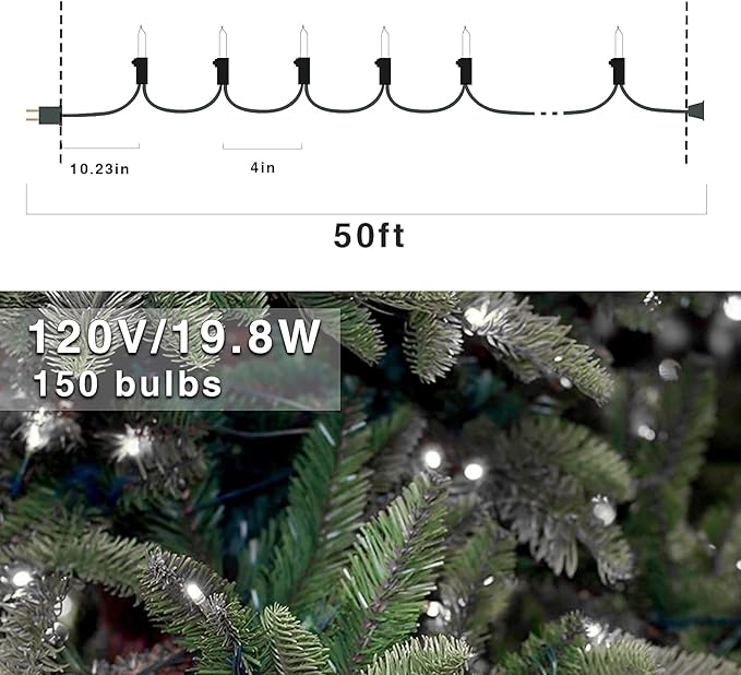150 LED Cool White Christmas String Lights, 50 FT Green Wire, UL Certified Connectable, Xmas Lights Outdoor or Indoor