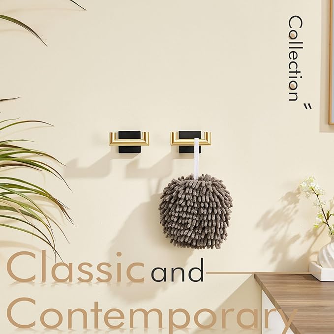 KOKOSIRI Robe Hooks Bath Towel Hooks Bathroom Hardware Double Coat Hooks Wall Mounted, Stainless Steel 2 Pack Black with Gold B1015GDK-P2