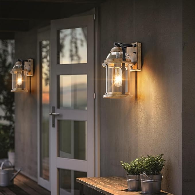 OKELI Dusk to Dawn Outdoor Wall Lights, Waterproof Lighting Fixtures Rustic Farmhouse Wall Lanterns with Clear Glass Shades Anti-Rust Outside Lights for Garage Patio Porch(Wood Grain, 1 Pack)