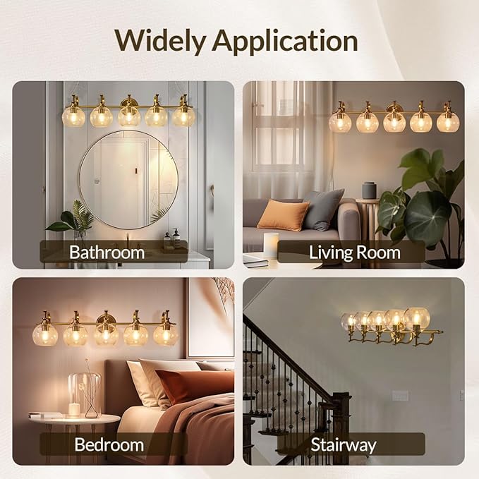 ANDY STAR Brushed Gold Bathroom Light Fixtures, 5-Light Vanity Lights for Mirror, 35 Inch Modern Wall Sconces Lighting with Globe Clear Shade Up or Down Wall Mounted for Bedroom, Living Room, Hallway
