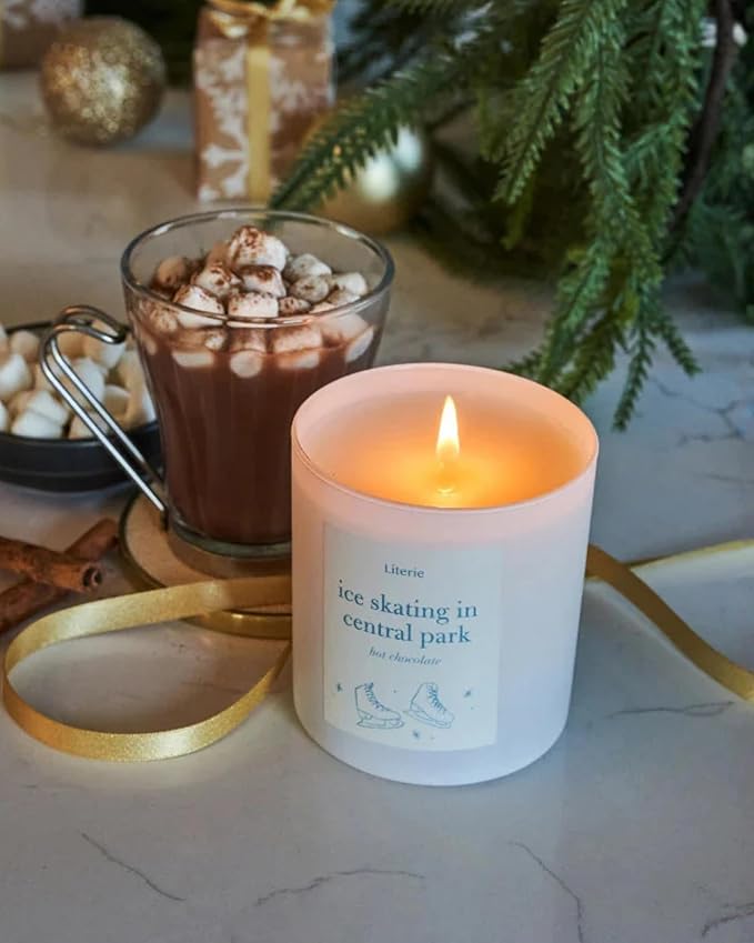 Literie NYC Inspired Scented Candle: Ice Skating in Central Park - Hot Chocolate Scent, 9oz, 50 Hour Burn, Vegan Soy & Coconut Blend Candle for Home Decor, Gift for Women & Men
