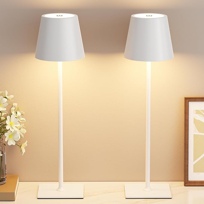 Kakanuo White Gold Cordless Rechargeable Table Lamp 5000mAh Battery Operated Lamps, 3 Colors Stepless Dimming Touch Lamp for Living Room, Kitchen Counter, Dining, Outdoor Patio, 2 Pack