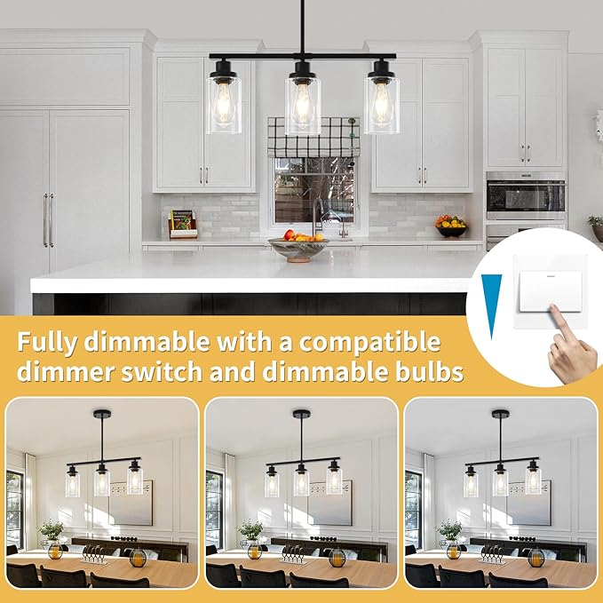 Modern Island Lights for Kitchen Black Dining Room Light Fixtures Over Table 3-Light Farmhouse Linear Chandelier Clear Glass Kitchen Lights Ceiling Adjustable Hanging Pendant Lighting Over Island