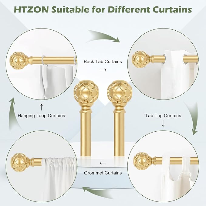 Gold Curtain Rods for Windows:Farmhouse Boho Decorative Curtain Rod for Bedroom Living Room,Heavy Duty Adjustable Rustic Drapery Rods Set with Vintage Coastal Texture Finials,Brass Gold 18-45"