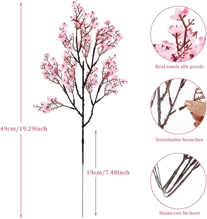 Babys Breath Artificial Flowers, 8 Bundles Cherry Blossom Pink Real Touch Fake Silk Flowers Bulk for Vase Home Office Wedding Spring Indoor Outdoor Centerpiece Table Party Decorations