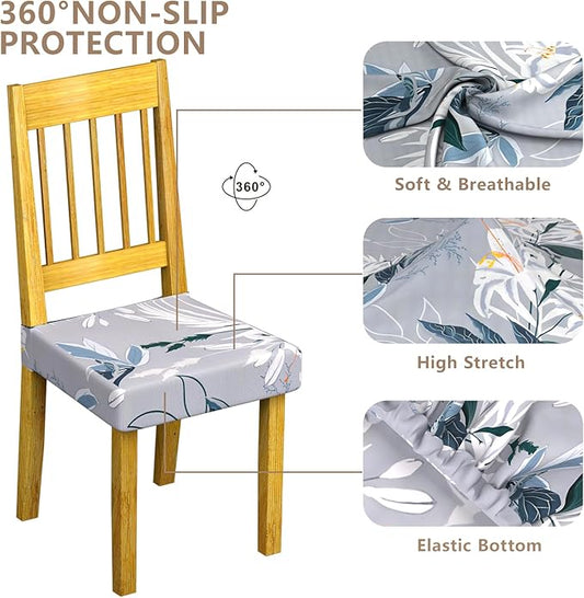 Stretch Dining Chair Seat Covers Set of 6,Dining Chair Slipcovers, Floral Printed Chair Covers,Soft Fabric Washable Upholstered Chair Seat Protector, No Rear Covers for Home Kitchen Dining Room