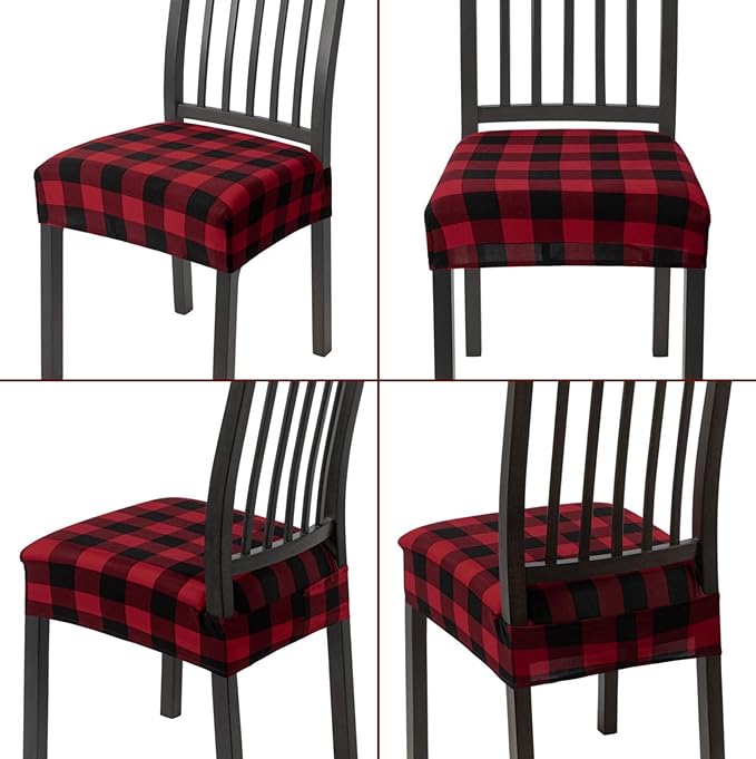 SearchI Christmas Dining Chair Seat Covers Set of 6, Buffalo Plaid Xmas Seat Covers for Dining Chairs, Dining Room Seat Covers for Christmas Decoration(Rear-Covered, Red and Black)