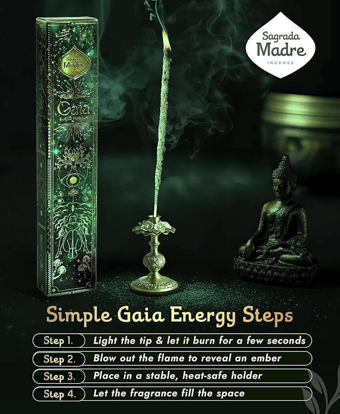 Sagrada Madre - 8 Extra-Durable Gaia Masala Incense Sticks - 9” Long Handmade, Thick Aromatherapy Sticks with Natural Herbs, Fruit Biomass for Inner Peace & Spiritual Connection - 1 Hour Burn Time