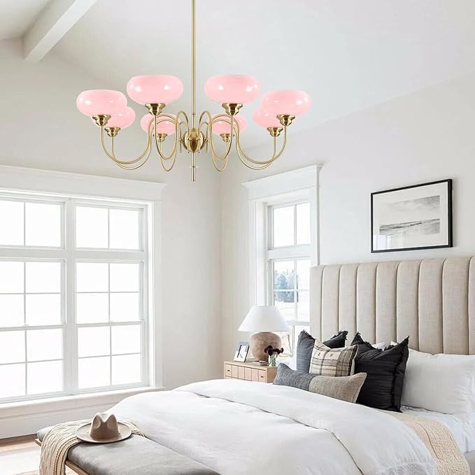 BOKT Gold Mid Century Chandelier Over Table 8-Light Pink Flush Mount Ceiling Light Fixture Kitchen Adjustable Height Ceiling Hanging Light Pink Globe Glass Chandelier for Dining Room Bedroom