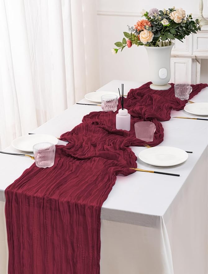 10 Pack Burgundy Cheesecloth Table Runner,10FT/120 Inch Boho Gauze Fabric Table Runner,Rustic Sheer Burgundy Cheese Cloth Runner Bulk for Wedding,Bridal Baby Shower,Birthday Party,Holiday Table Decor