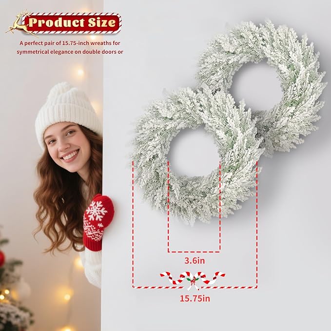 JIFTOK 2 Pack Christmas Ornaments Artificial Christmas Wreath 15.75 Inch, Frosted Christmas Green Pine Wreaths for Front Door, Indoor Outdoor Holiday Decor for Home, Mantel Christmas Decorations