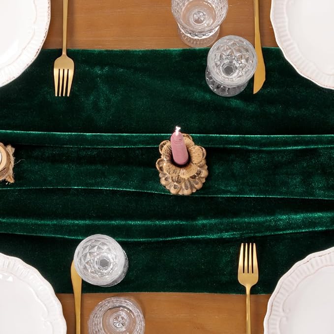 Socomi 4pcs Green Velvet Valentine's Day Table Runner Cloth Decor 20 x 120 Inches 10ft Fabric Emerald Green Luxurious Thanksgiving Wedding Runner for New Year Bridal Shower