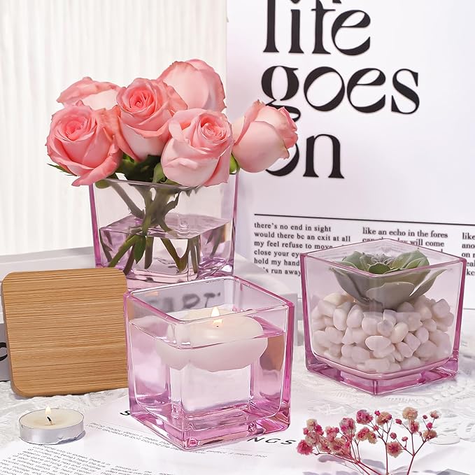 CONNOO 12 Pack 9 OZ Pink Square Candle Jars for Making Candles, Thick Glass Bulk Empty Candle Containers with Airtight Bamboo Lids for Candle Making, Sticky Warning Labels - Dishwasher Safe