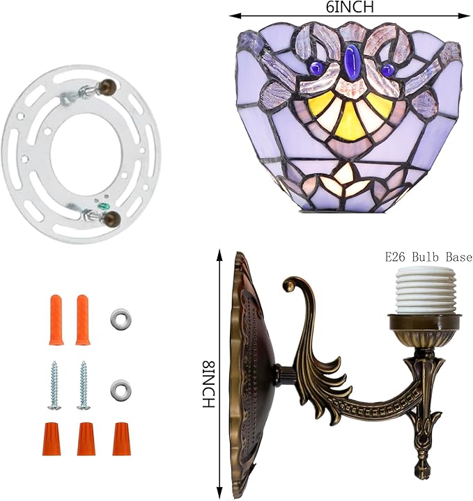 Tiffany Wall Sconce Lamp Plug in 6X8.5X11 Inch Stained Glass Wall Light Mount Fixture for Hallway Bedroom (Blue Baroque)