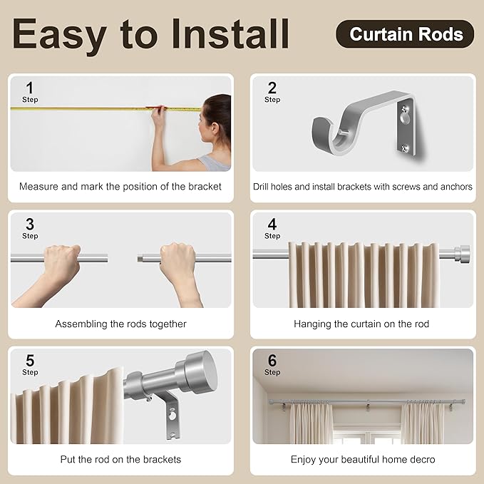 PORTRES Silvery Heavy Duty Curtain Rods for Windows 66 to 120 Inches Adjustable Length 1" Diameter Curtain Rod with Modern Decorative Finials for Outdoor Farmhouse Bedroom Kitchen Living Room