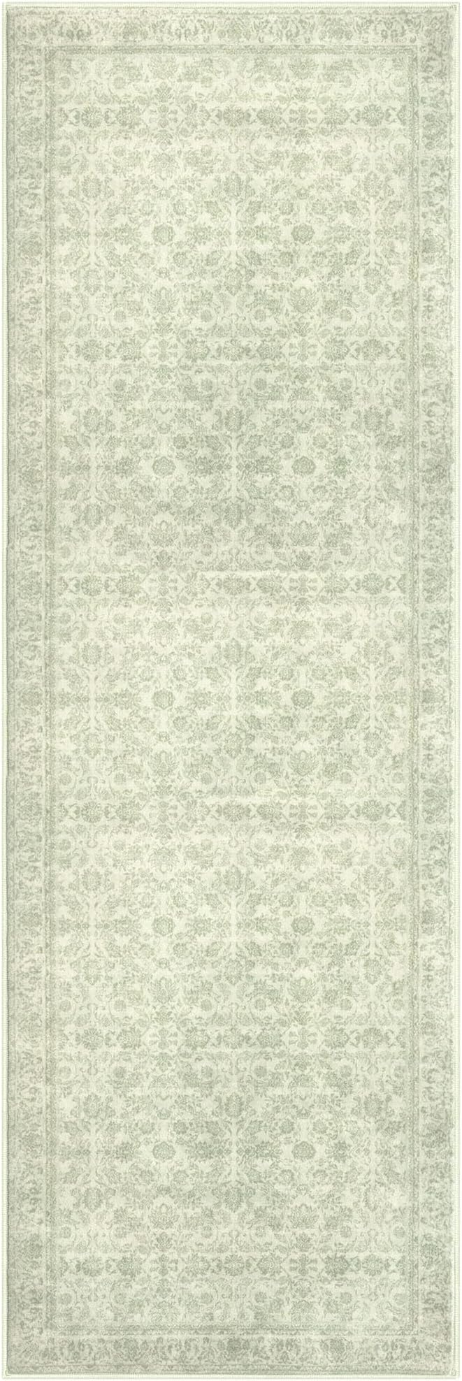 2x6 Washable Runner Rug for Hallways, Light Sage Green and Ivory Soft Neutral Vintage Kitchen Rugs with Non-Slip, Non-Shedding Distressed Floral Rug for Bedroom Kitchen Porch Laundry Entryway