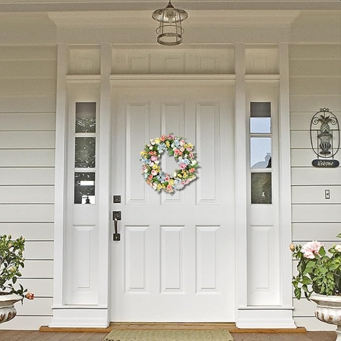 Artificial Wreath for Front Door, 16 Inch Spring Summer Wreath with Roses and Hydrangeas, Outdoor/Indoor All Season Home Decor, Farmhouse Wedding Wall Decor Gift