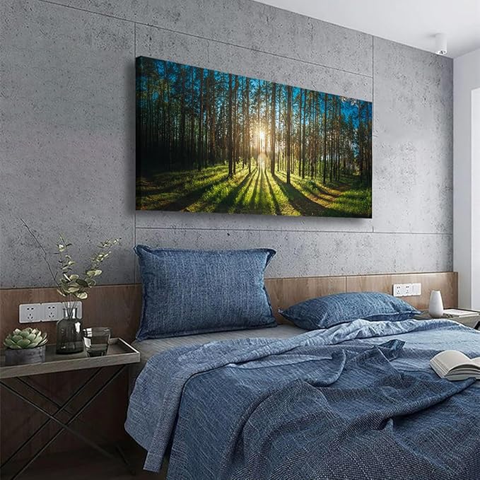 Sunrise Forest Pictures Canvas Wall Art for Living room Office Bedroom Wall Decor,Forest Wall Art Print Paintings Modern Green Nature Landscape Artwork Waterproof Ready to Hang-24x48 inch