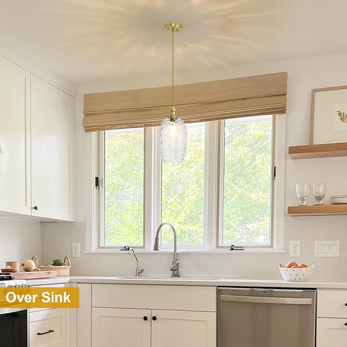 Glass Pendant Lights Kitchen Island, Large Size 7.1in Gold Pendant Light Fixtures with Hammered Clear Glass for Kitchen Over Sink Dining Room Bedroom, E26