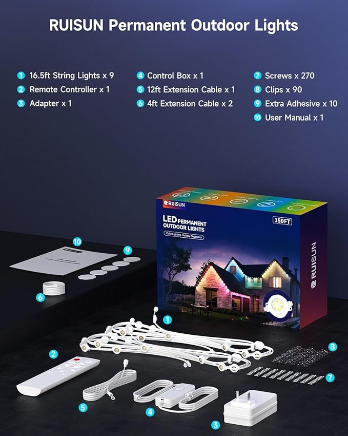 Permanent Outdoor Lights for House, 150FT with 90 RGBCW LEDs for Christmas, Daily and Holiday Lighting, Eave Lights for Outdoor Decorations, IP67 Waterproof, Works with Alexa, Google Assistant, White