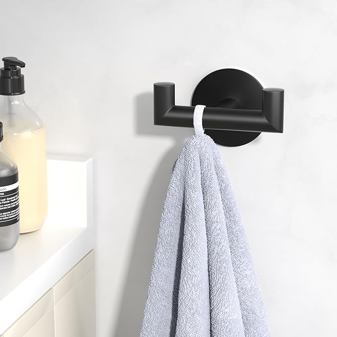 2 Pack Black Bathroom Hooks for Towels - Self Adhesive Double Hooks for Wall, No Drilling, Matte Finish, Strong Hold for Robes, Coats, Shower Use